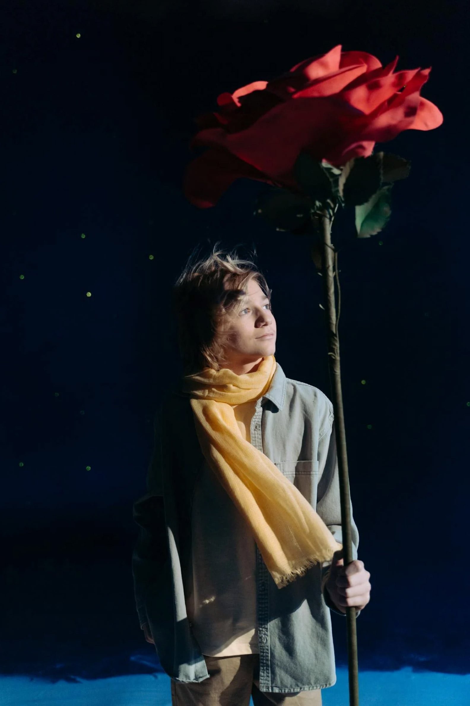 boy with yellow scarf holding a red flower 7182065